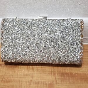 Silver Front Beaded Box Clutch Purse w/Satin Backing